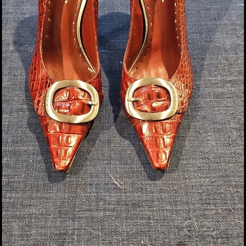 BCBG Croc-Embossed Heels with Gold Buckle